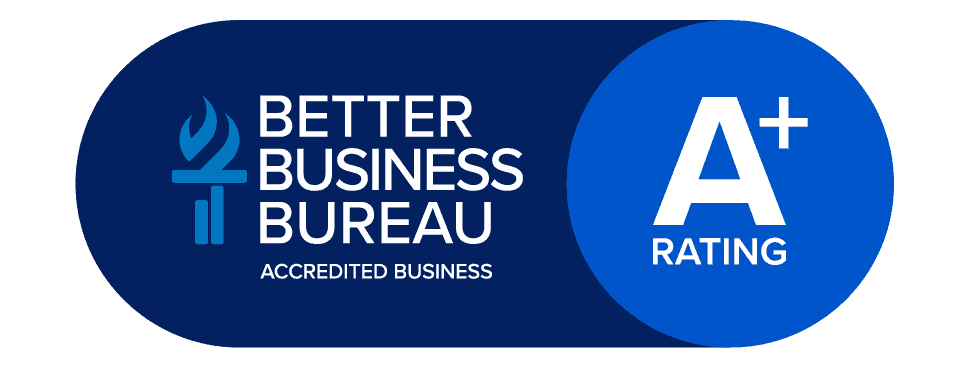Blue and white badge with the Better Business Bureau (BBB) flame logo on the left and the words ACCREDITED BUSINESS on the right.